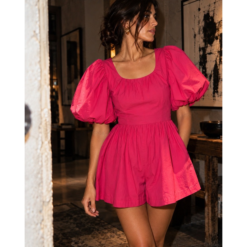 NWT By Anthropologie Puff Sleeve Cotton Poplin Romper Hot Pink Rose 2